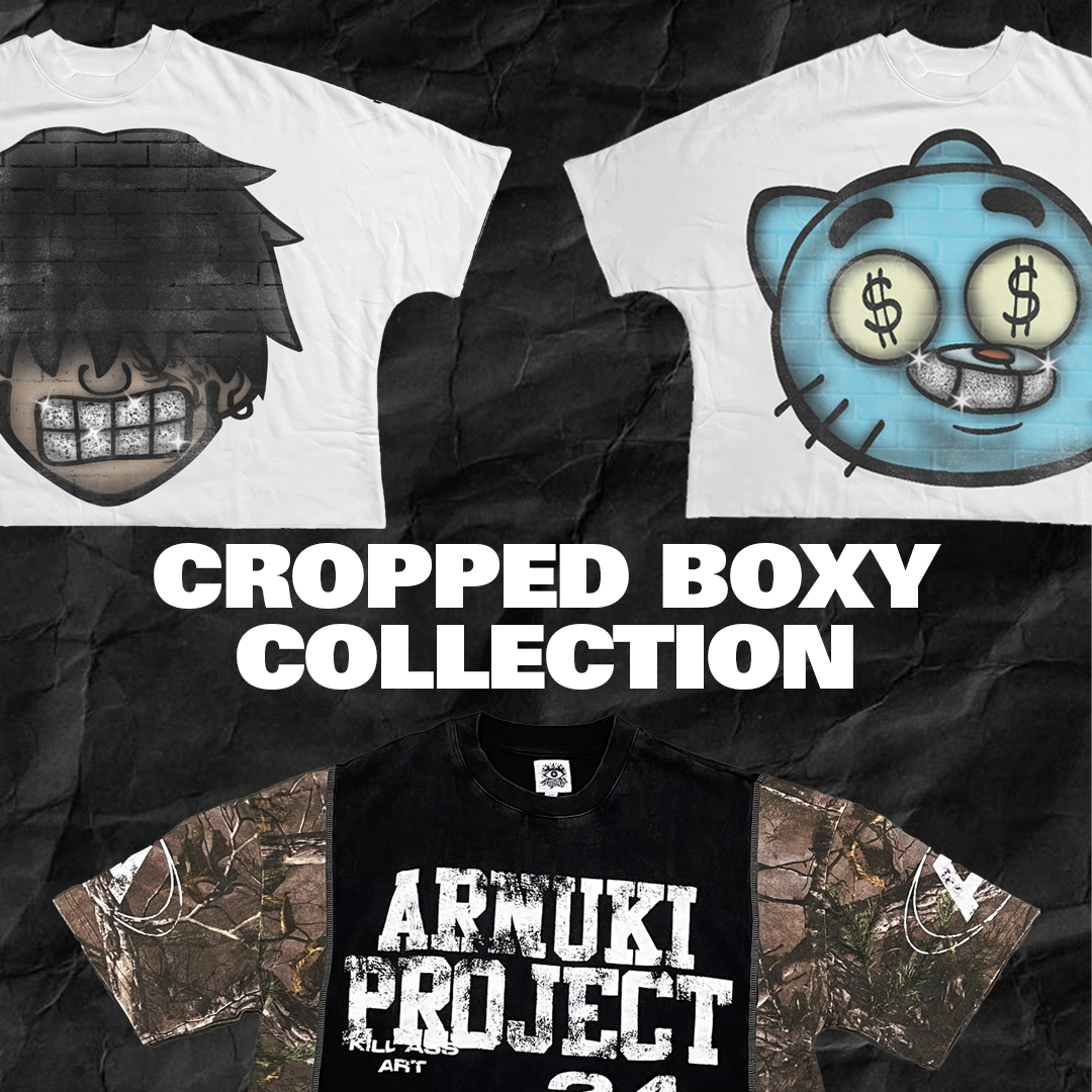 Cropped Boxy Collection banner showcasing two white graphic cropped shirts and a camo T-shirt below.