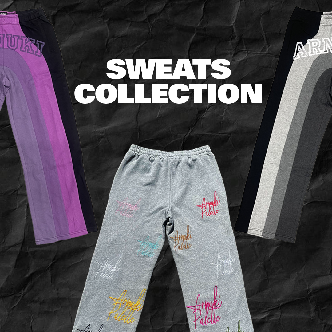 Sweats Collection: unisex sweatpants, premade, true to size; gray with colorful embroidery and purple/striped variants.