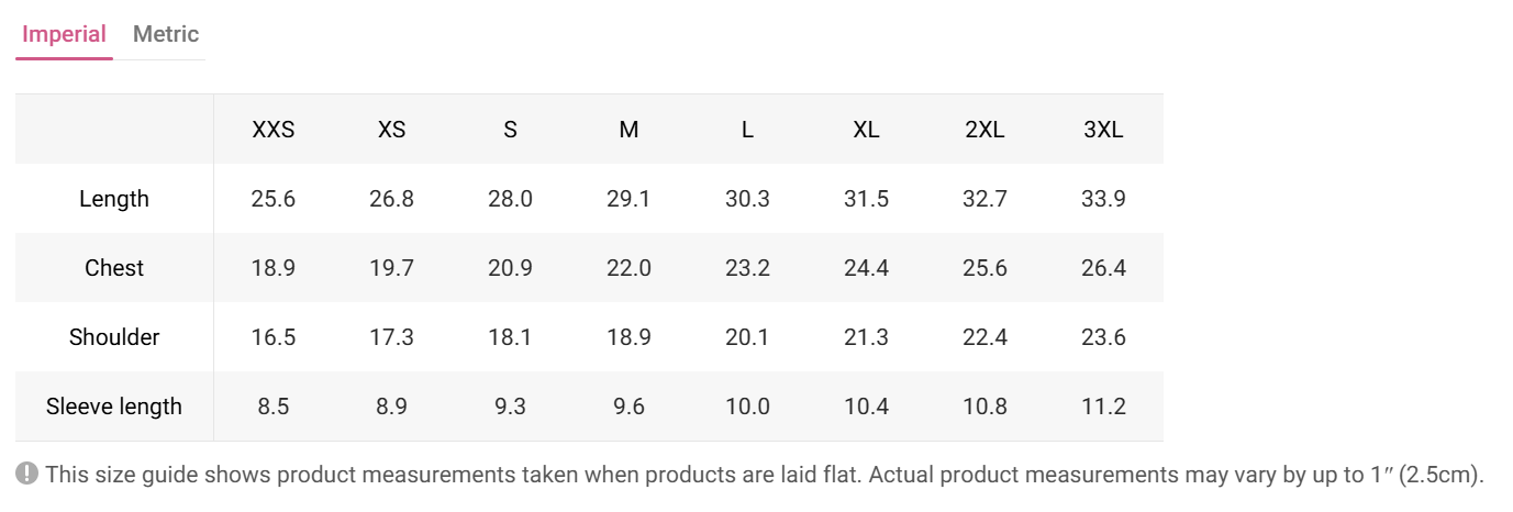 Size chart for clothing measurements in Imperial units with labeled columns and rows.