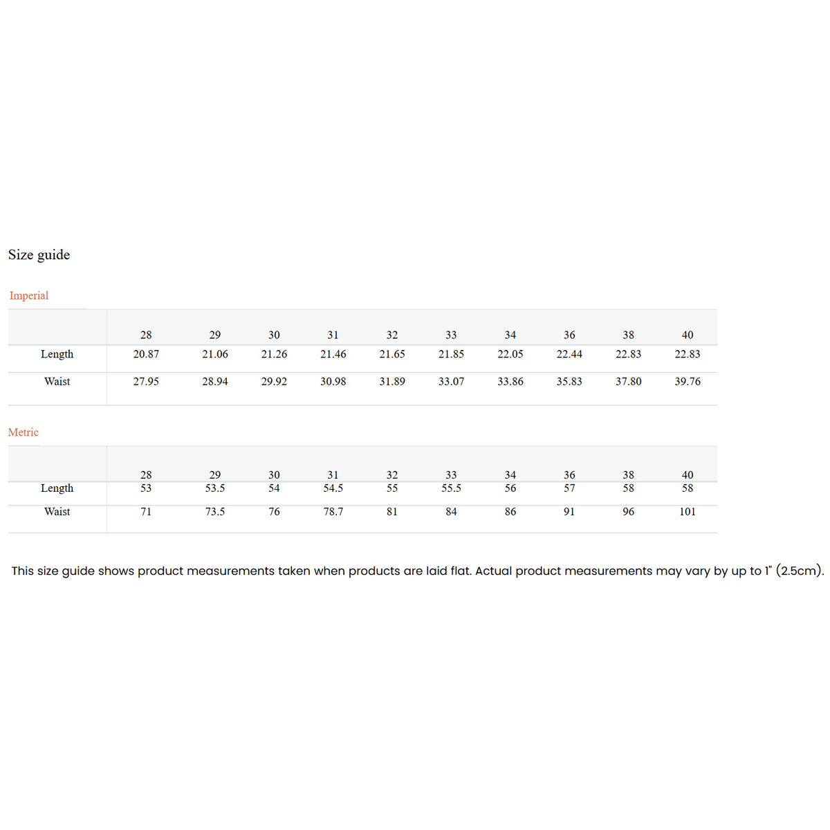 Size guide chart for clothing measurements on a white background