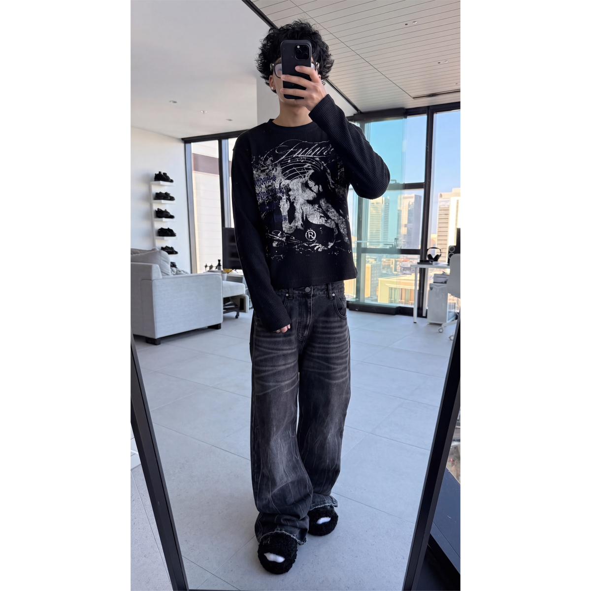 Faith Waffle Knit Cropped 290GSM Long Sleeve Shirt Streetwear Graphic Y2K Unisex Crew Neck Cotton