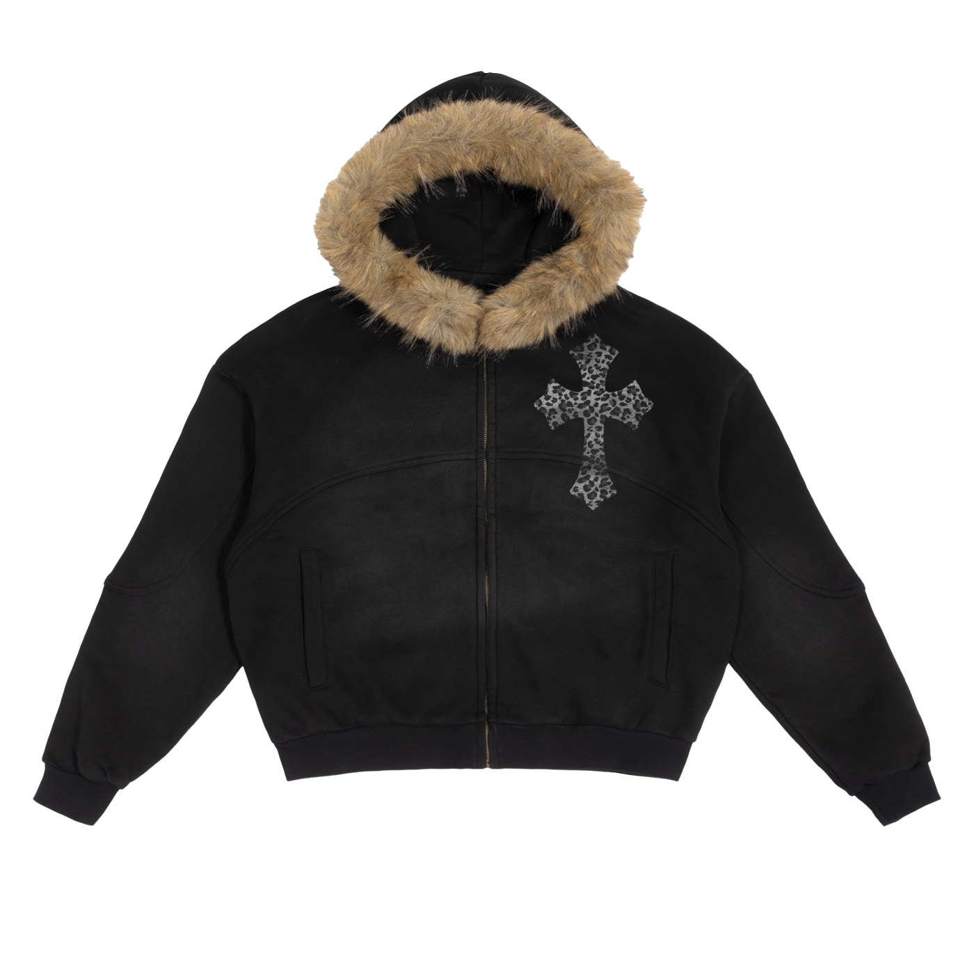 Snow Leopard Sun Fade Boxy Detachable Fur Hoodie