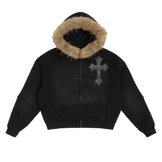 Snow Leopard Sun Fade Boxy Detachable Fur Hoodie