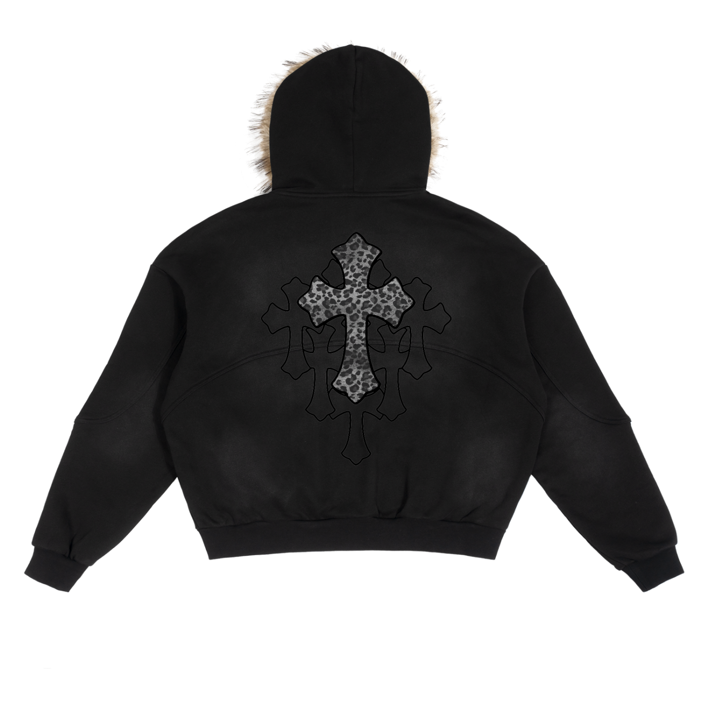 Snow Leopard Sun Fade Boxy Detachable Fur Hoodie