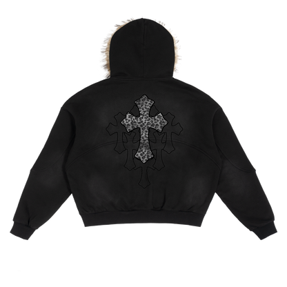 Snow Leopard Sun Fade Boxy Detachable Fur Hoodie