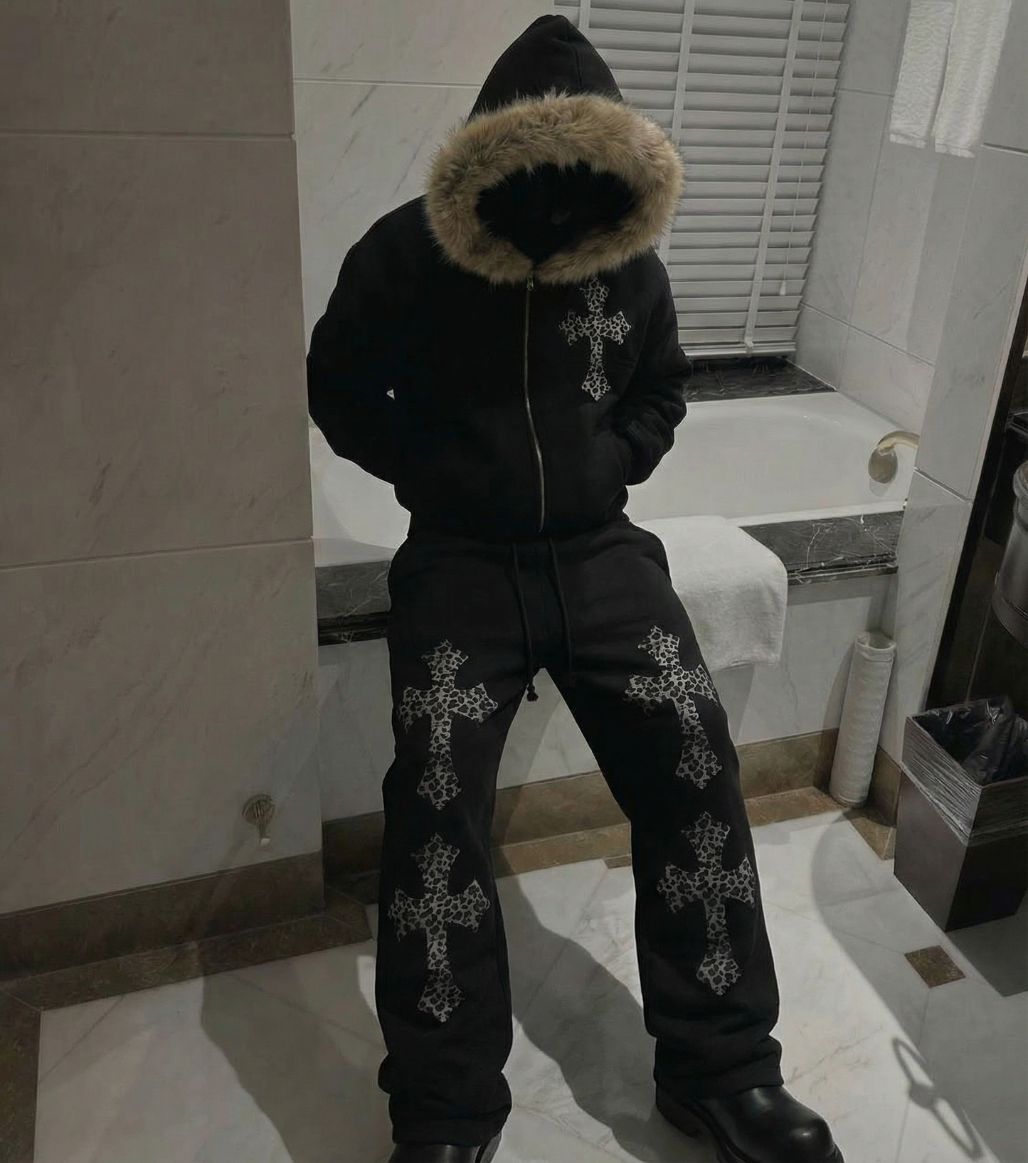 Snow Leopard Black Sunfade Loose Fit Cotton Sweatpants