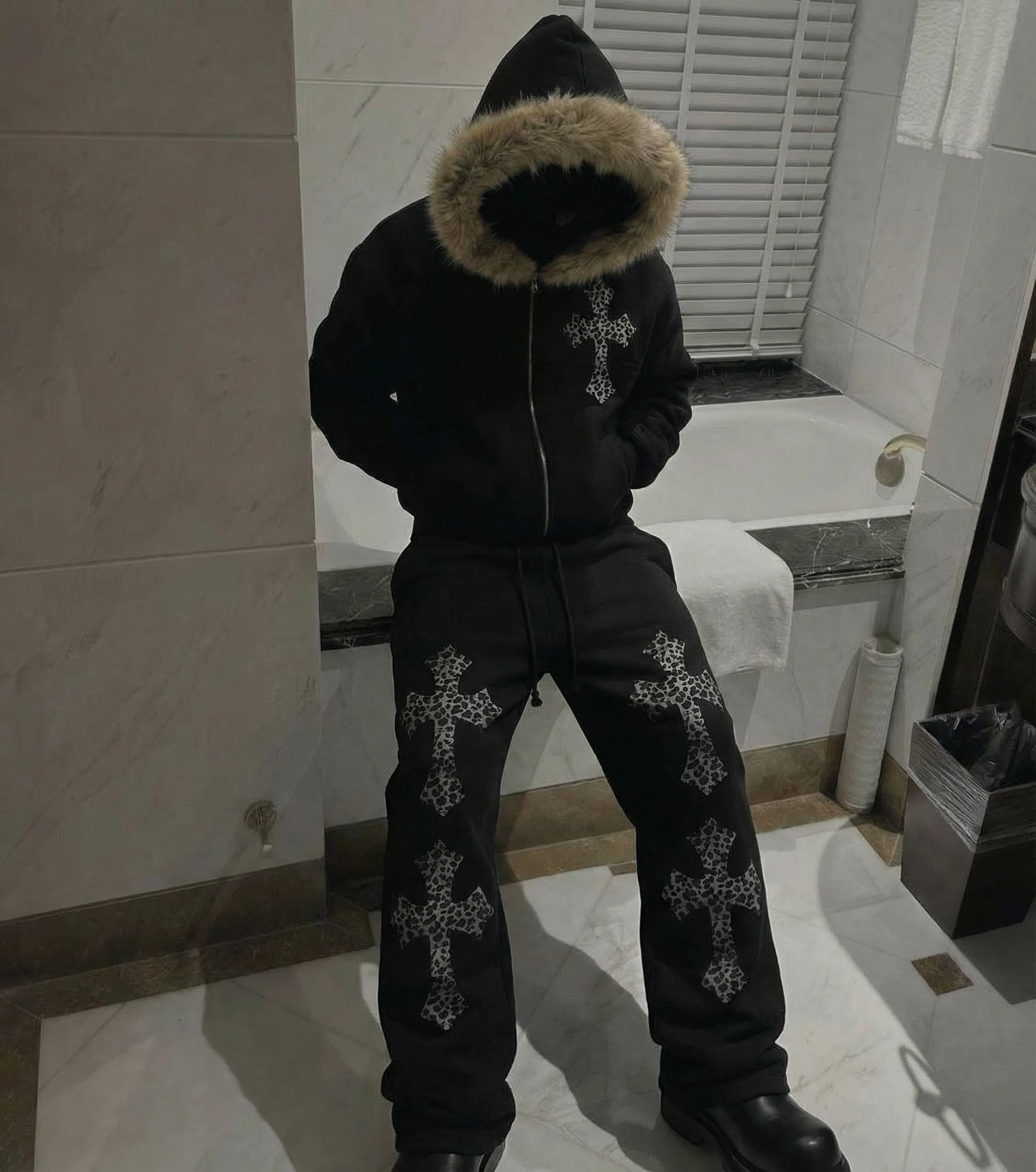 Snow Leopard Black Sunfade Loose Fit Cotton Sweatpants by ArnukiClothing