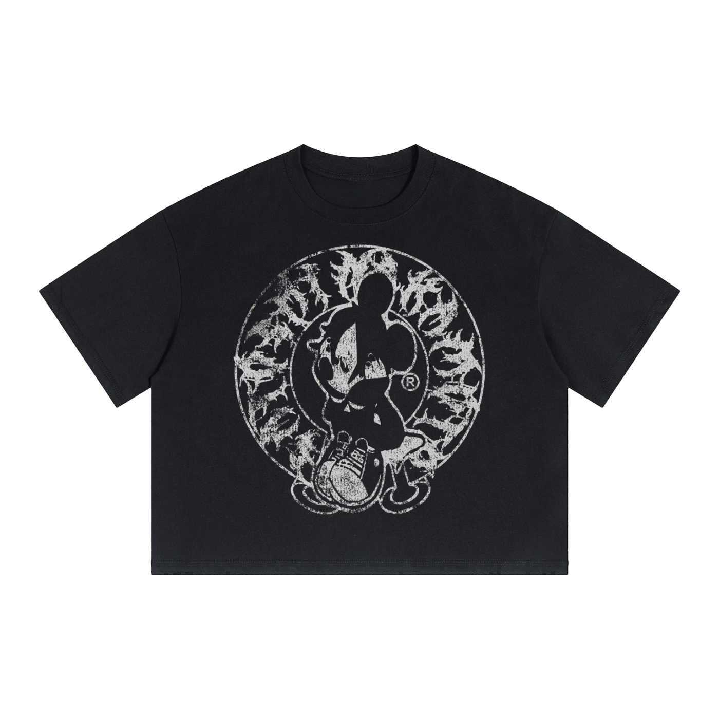 Black t-shirt with a white graphic design on a white background