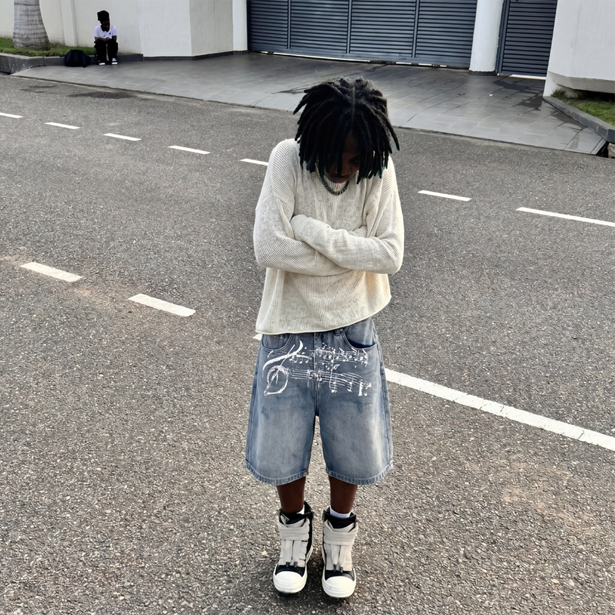 Music Denim Streetwear Shorts Y2K Unisex Loose Vintage Straight Leg Blue