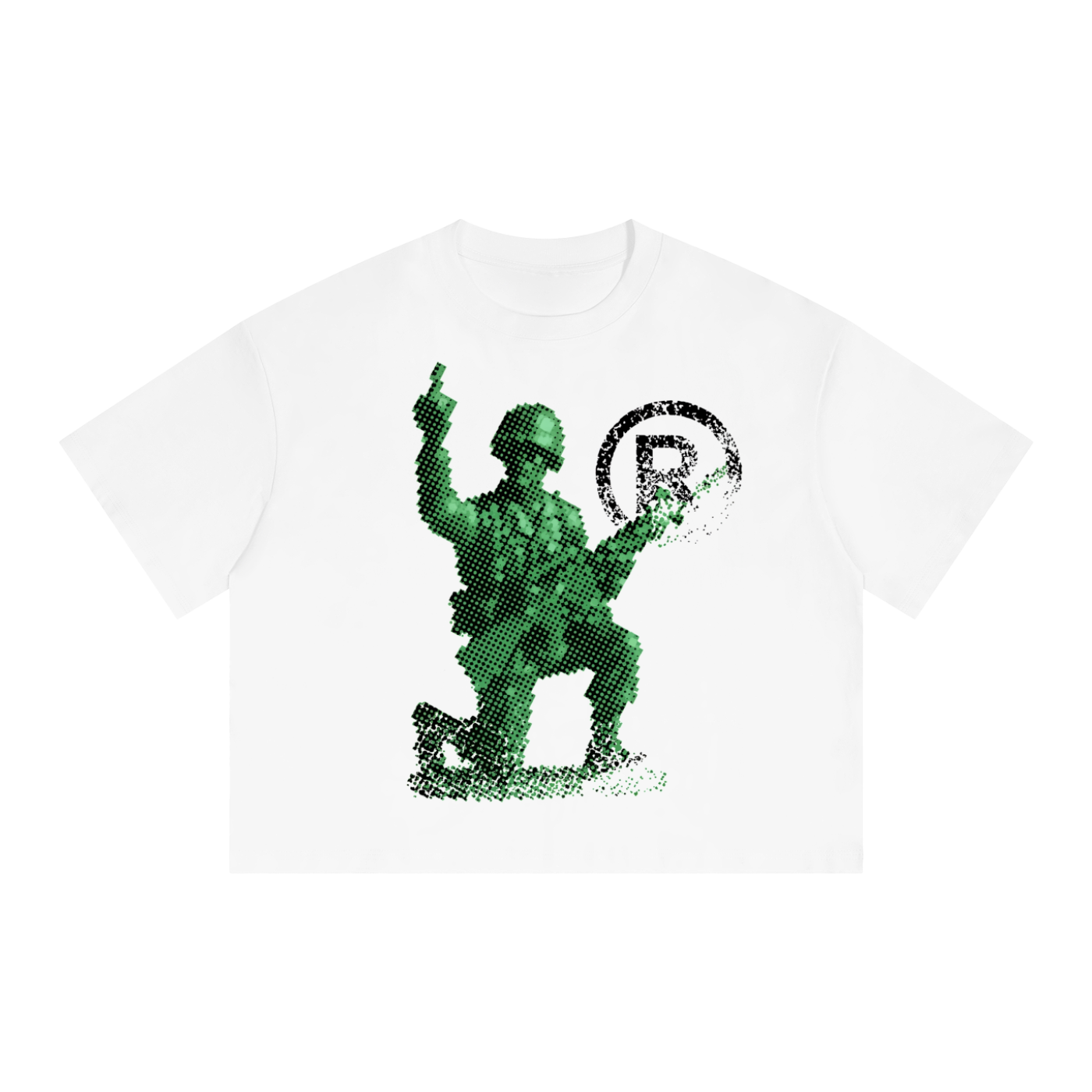 White t-shirt with a green graphic design on a white background