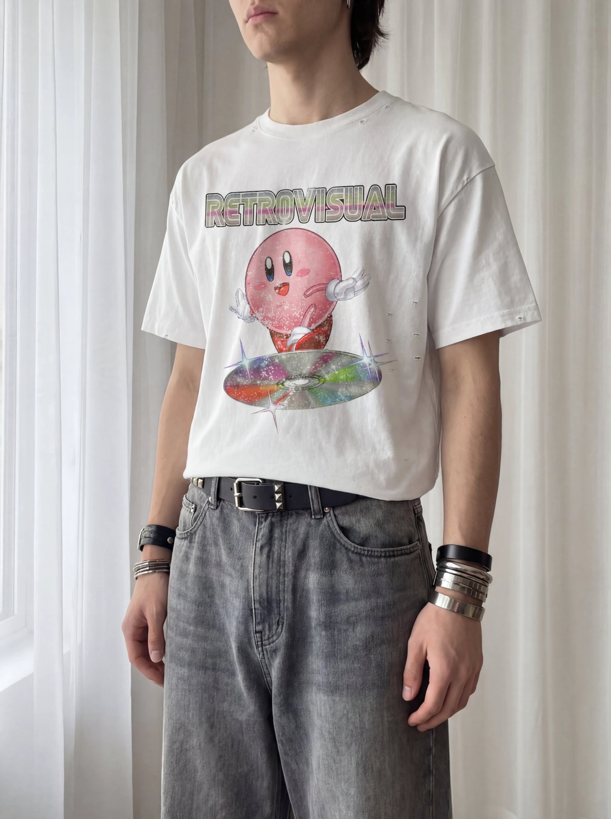 Kirby Vintage Shirt Streetwear Y2K Frayed Boxy Tee White Pink by ArnukiClothing