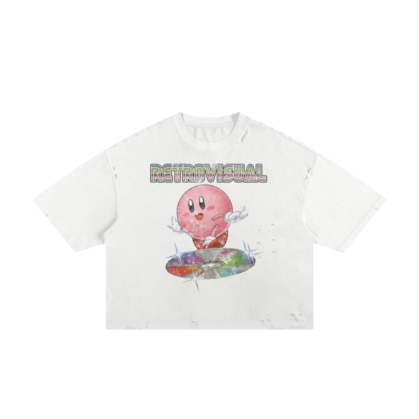Kirby Vintage Shirt Streetwear Y2K Frayed Boxy Tee White Pink by ArnukiClothing