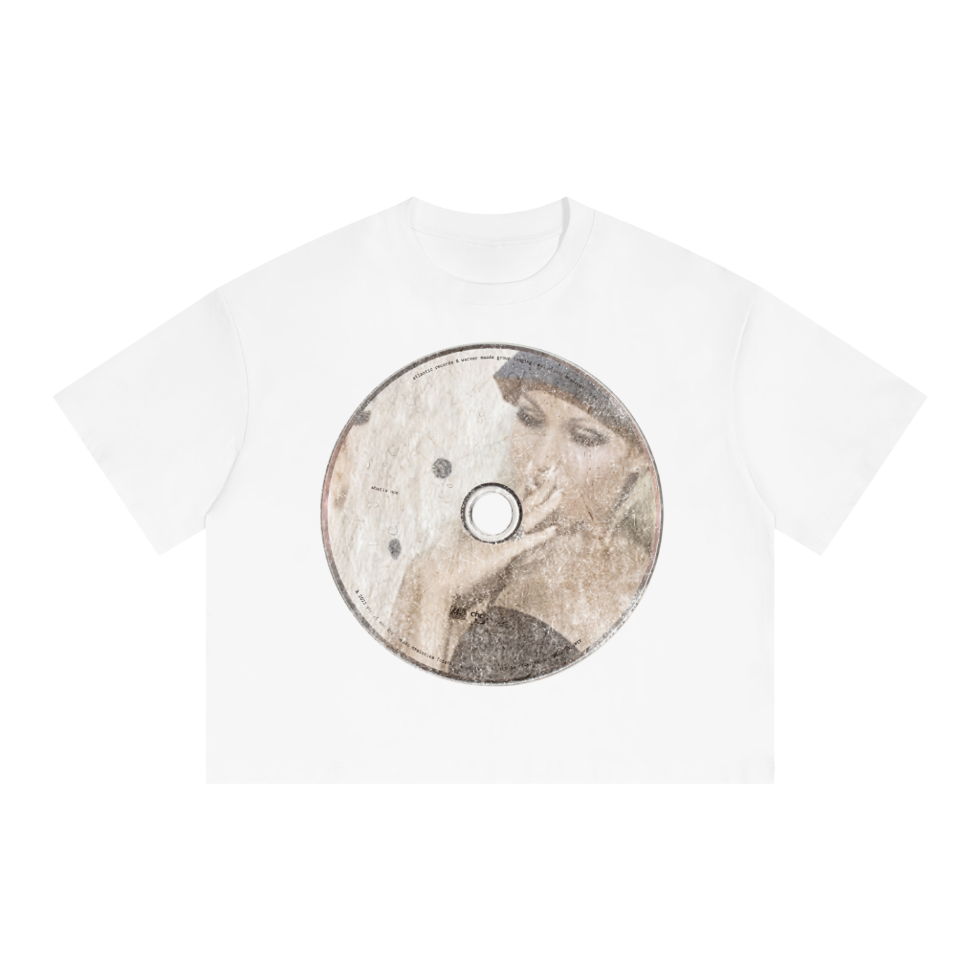 White t-shirt with a circular design featuring a person on a white background