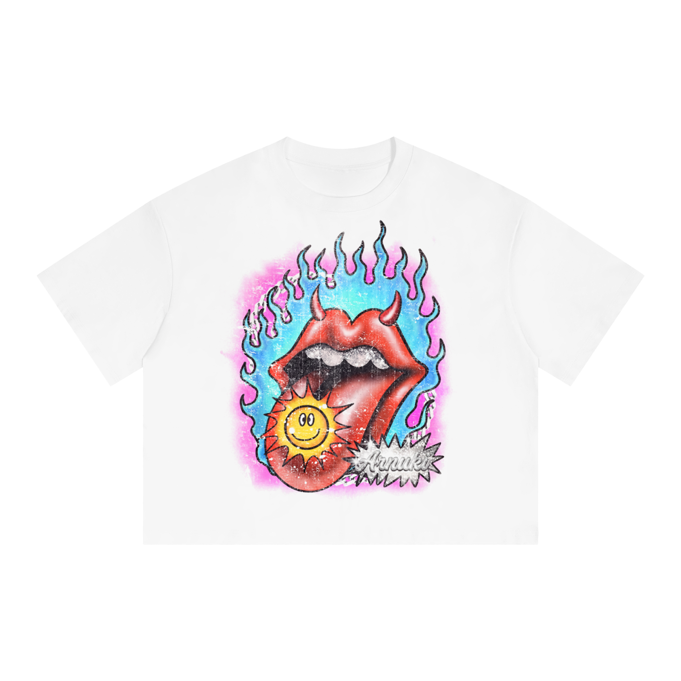 White t-shirt with a colorful graphic of a mouth and sun design on a white background