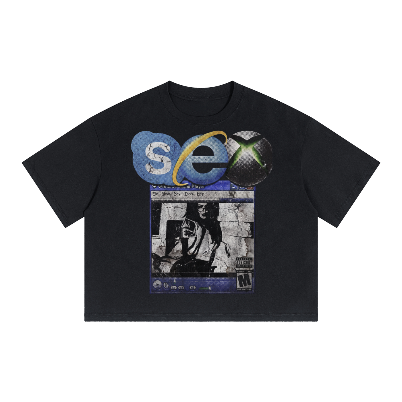 S*x Streetwear Cropped Boxy Tee Y2K Summer Crew Neck Short Sleeve Black T-Shirt Unisex 250GSM Graphic
