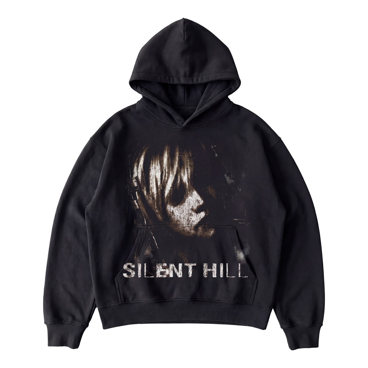 Black hoodie with 'Silent Hill' graphic design on a white background