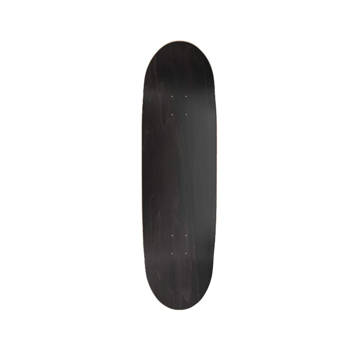 A black skateboard deck shown vertically against a plain white background.