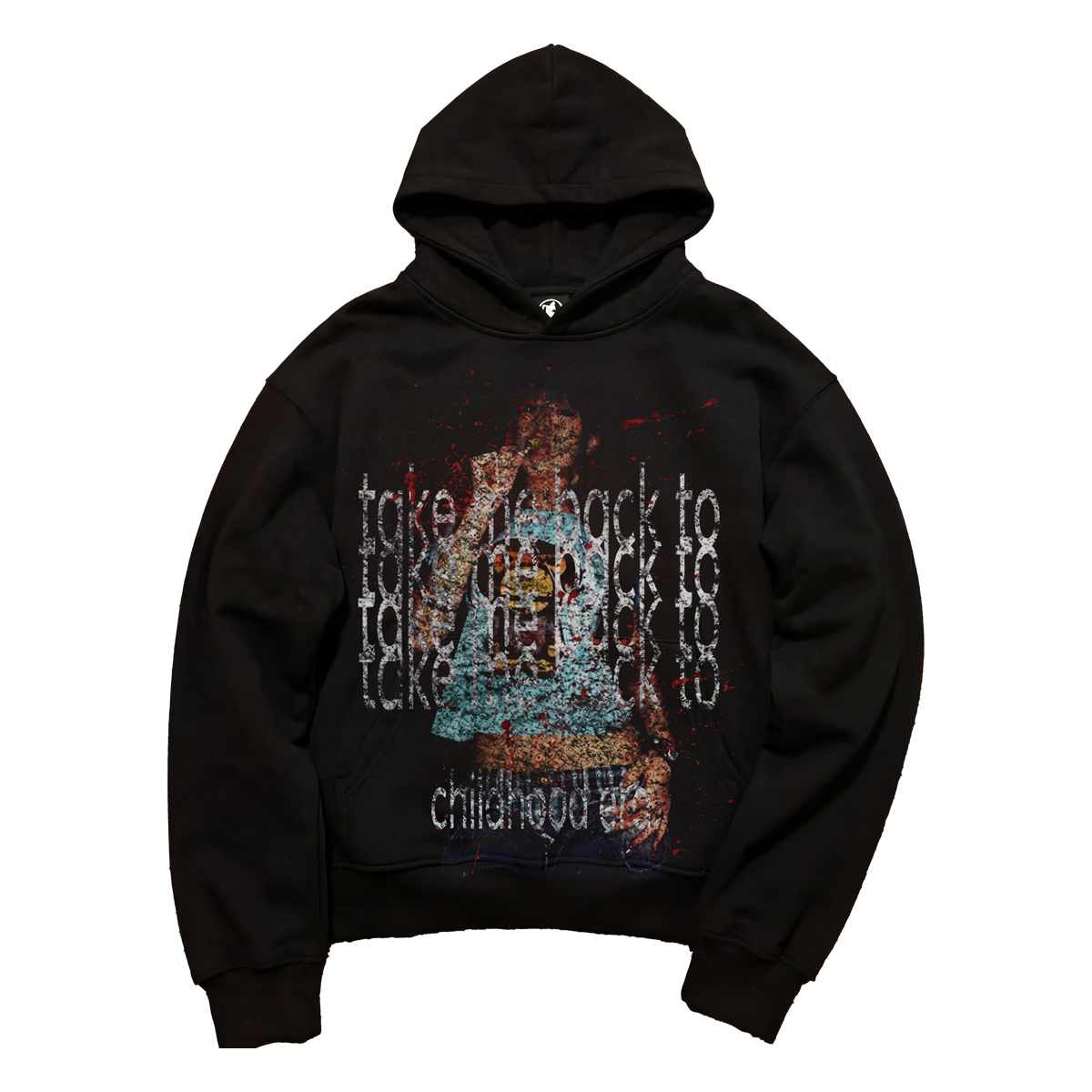 Black hoodie with graphic design on a white background