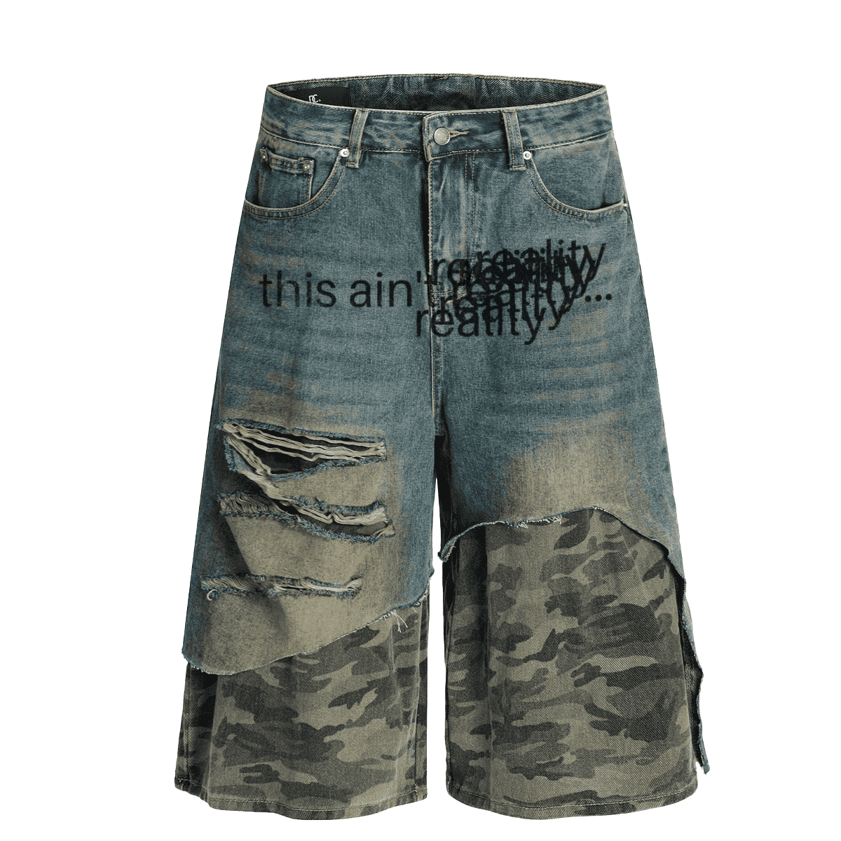 Denim shorts with camouflage pattern and text 'this ain't reality' on a white background